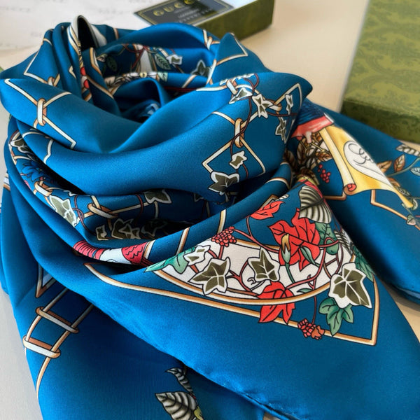 GG Signature Floral Scarf 90CM Blue Muticolor Twill Mulberry Silk 280659