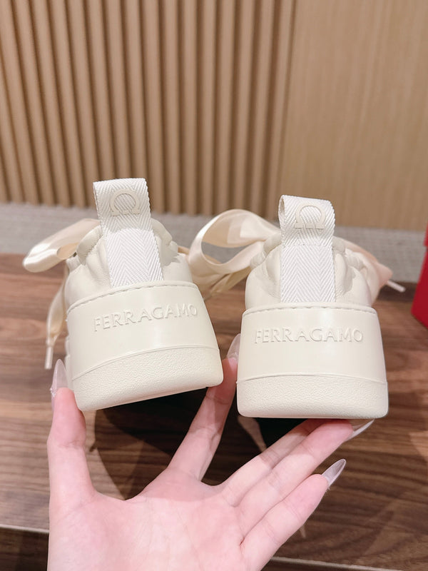 Ferragamo Bow Platform Sneaker Grey Ivory Satin Sheepskin