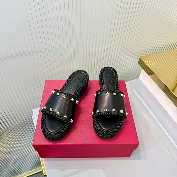 VT 26s Espadrille Slides 5cm Black Leather 714907