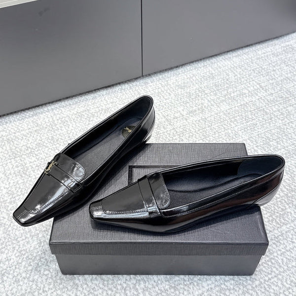 YSL 26ss Square Toe Loafers Black Glossy Leather 662729