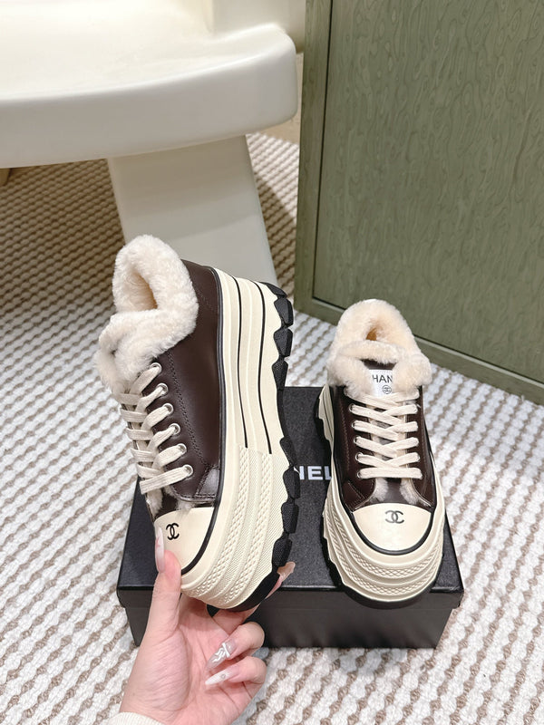 Chanel 26s Thick-Sole Sneakers 60mm In Dark Brown And Beige Calfskin With Fur Lining