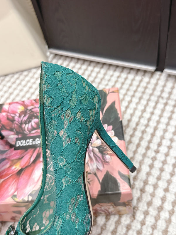 DG Pumps Crystals 9cm Teal Green Taormina Lace 663087