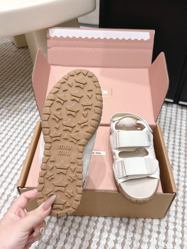 Miu 26s Velcro Sandals Ivory Nylon Suede 632330