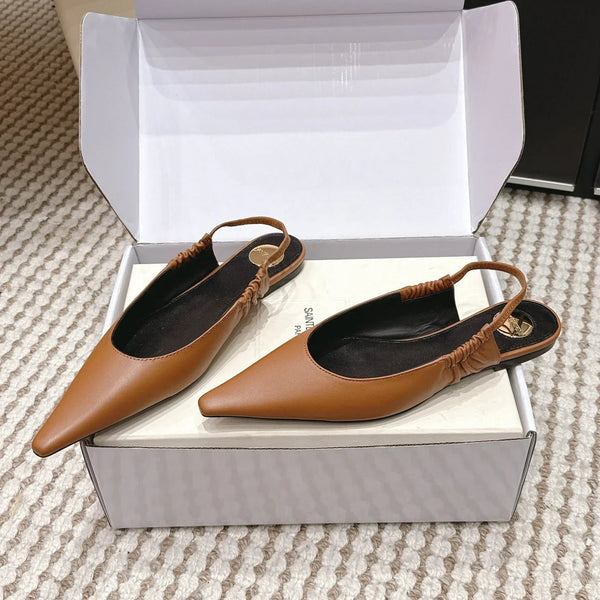 YSL 26ss Flat Slingback Camel Brown Sheepskin 654712