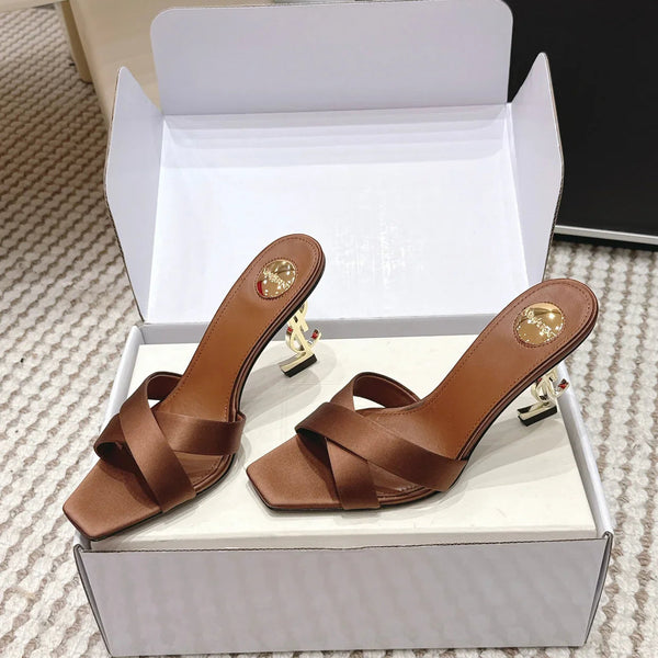 YSL 26ss High-Heeled Mules 85 Brown Satin Leather 660671