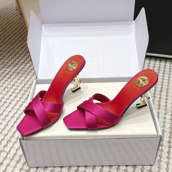 YSL 26ss High-Heeled Mules 85 Pink Red Satin Leather 660673