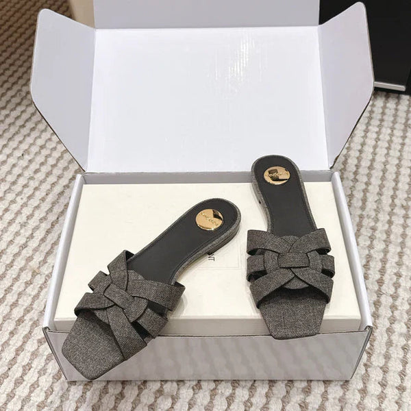 YSL 26ss Flat Slippers Dark Gray Denim Leather 654728