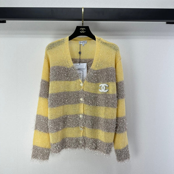 CC 26C Knit Long-Sleeve Cardigan Yellow Grey Stripes Wool Acrylic Nylon 349044