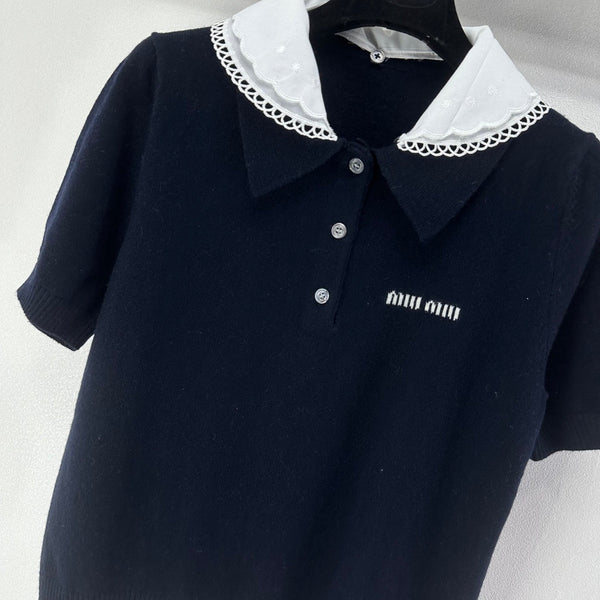 Miumiu 2026 Short-sleeved T-shirt Dark Blue Cashmere 349058