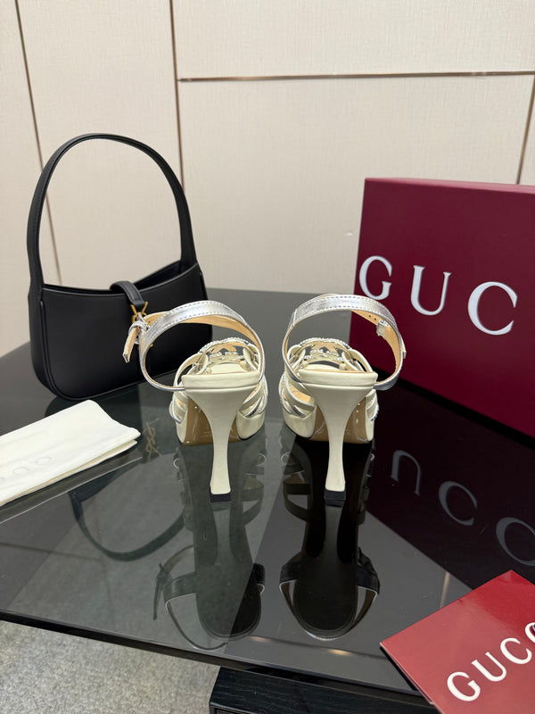GG Pump 10.5cm With Crystal Interlocking G Ivory Sliver Leather