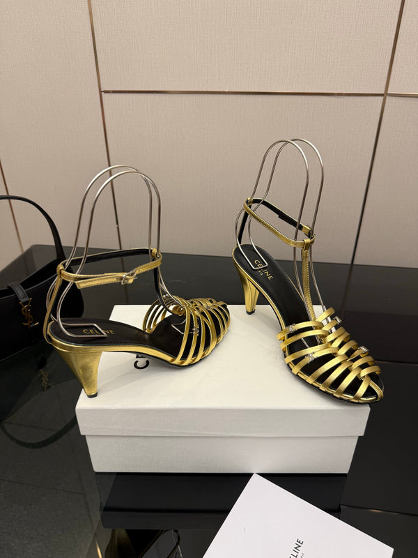 CL Cage Heeled Sandal 9cm Gold Calfskin 725649