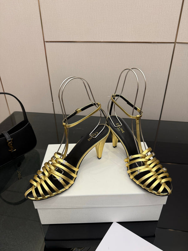 CL Cage Heeled Sandal 9cm Gold Calfskin 725649