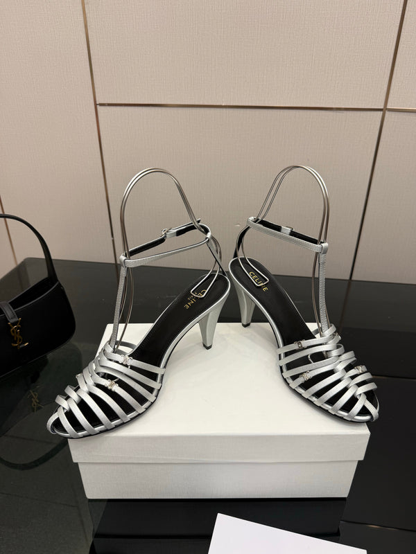 CL Cage Heeled Sandal 9cm Sliver Calfskin 725651