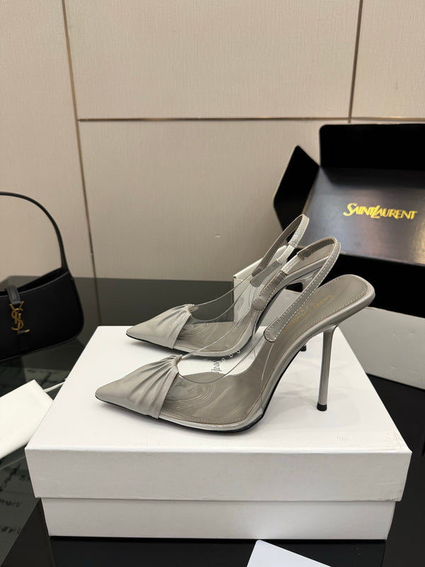 YSL Chica Slingback 10.5cm Grey Leather 828242