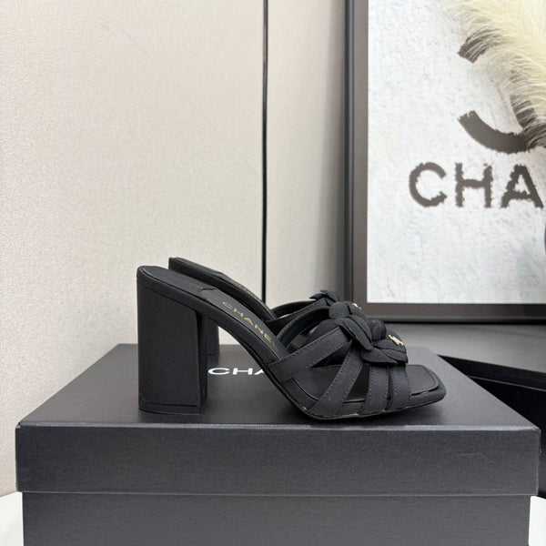 CC 25 Camellia Open Heel Mule Sandals 90mm Black Sheepskin And Fabric 368841