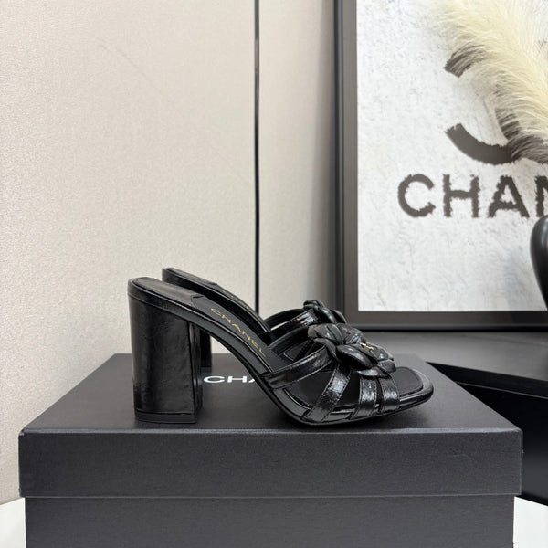 CC 25 Camellia Open Heel Mule Sandals 90mm Black Sheepskin 368843