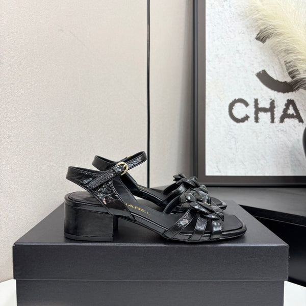 CC 25 Camellia Open Heel Sandals 50mm Black Sheepskin 368813