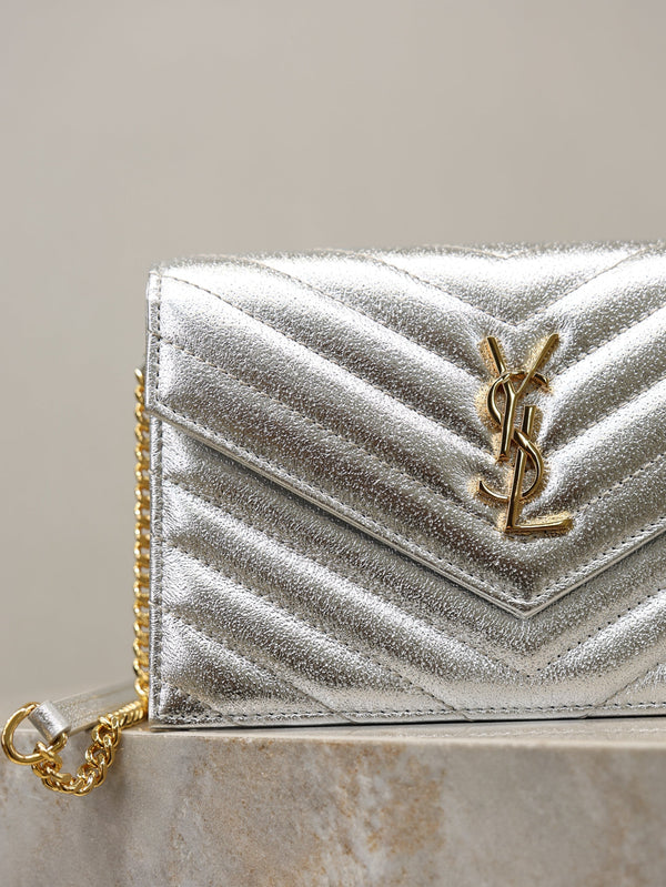 YSL Cassandre Matelassé Envelope Bag Sliver Metalic Leather