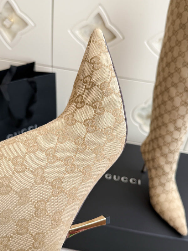 GG 26s Knee High Boots 8.5cm Beige GG Canvas 122057