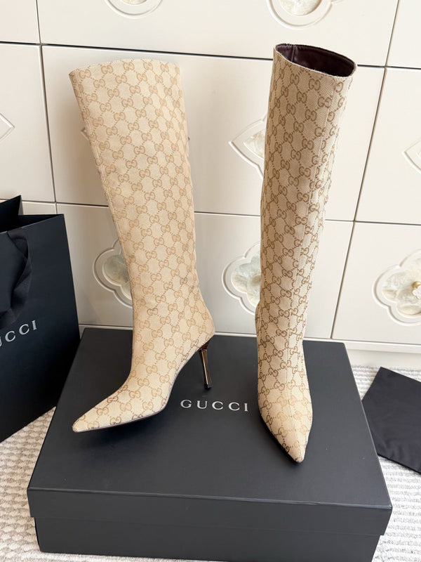 GG 26s Knee High Boots 8.5cm Beige GG Canvas 122057