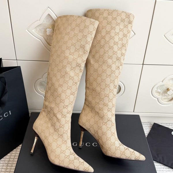 GG 26s Knee High Boots 8.5cm Beige GG Canvas 122057