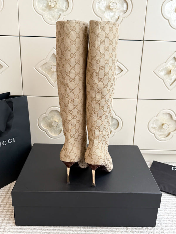 GG 26s Knee High Boots 8.5cm Beige GG Canvas 122057