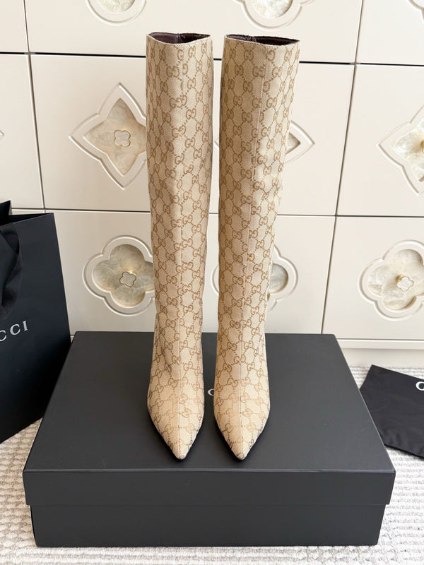 GG 26s Knee High Boots 8.5cm Beige GG Canvas 122057