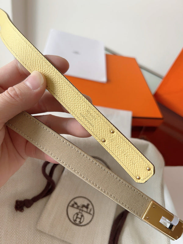HM Kelly Belt 18mm Beige Canvas Epsom Leather Pink Gold Buckle