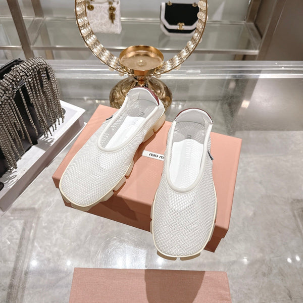 Miu Ballerinas White Brown Technical Mesh Leather 751307