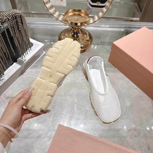 Miu Ballerinas White Brown Technical Mesh Leather 751307