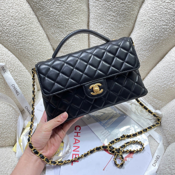 CC 25P Medium Flap Bag 25cm Top Handle Black Calfskin Gold Hardware