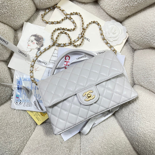 CC 25P Medium Flap Bag 25cm Top Handle Grey Calfskin Gold Hardware