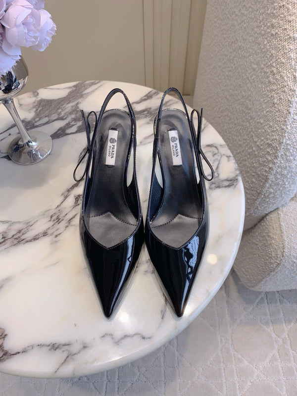 Prada 26s Open-Back High Heels Black Patent Leather 615386