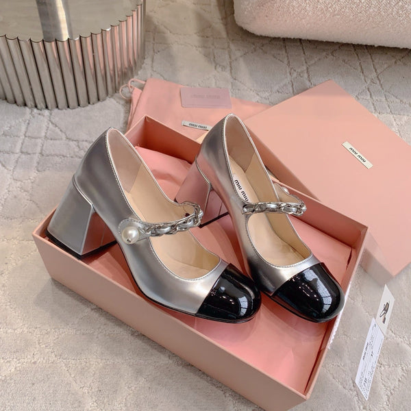 Miu Bicolor Cap-Toe Pumps 7.5cm Black Sliver Patent Leather 724258
