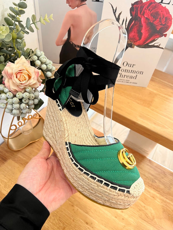 GG 26ss Platform Wedge Sandals 10cm Green Straw Canvas 692207