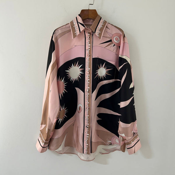 Pucci 26s Stella-Print Silk Shirt Light Pink Silk 391087