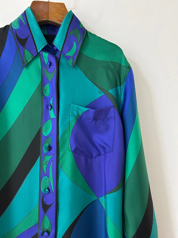 Pucci 26s Stella-Print Silk Shirt Green Blue Silk 391094