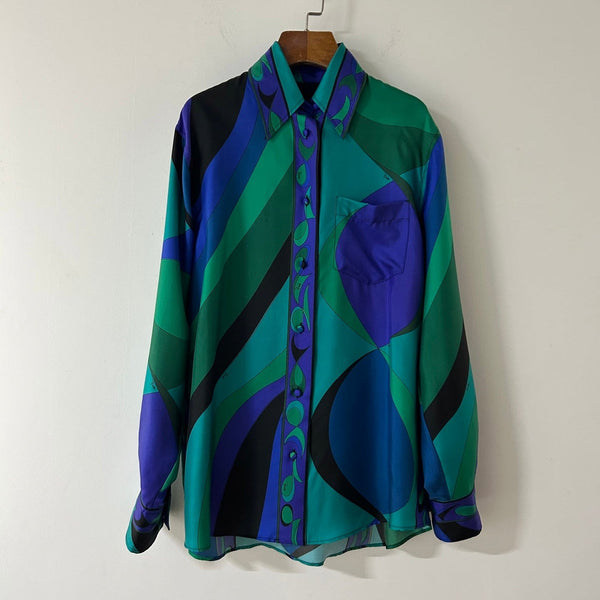 Pucci 26s Stella-Print Silk Shirt Green Blue Silk 391094