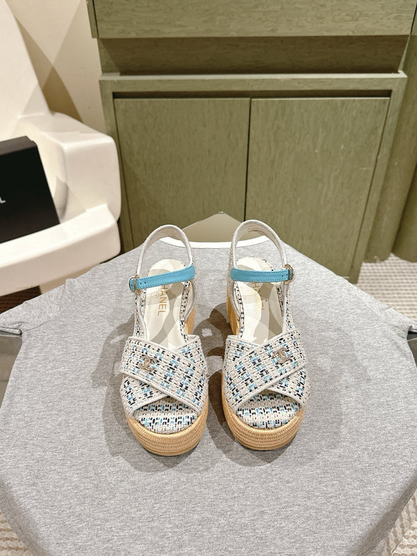CC 25ss Espadrille Sandals 85mm Light Blue Colorful Tweed Cowhide 462244