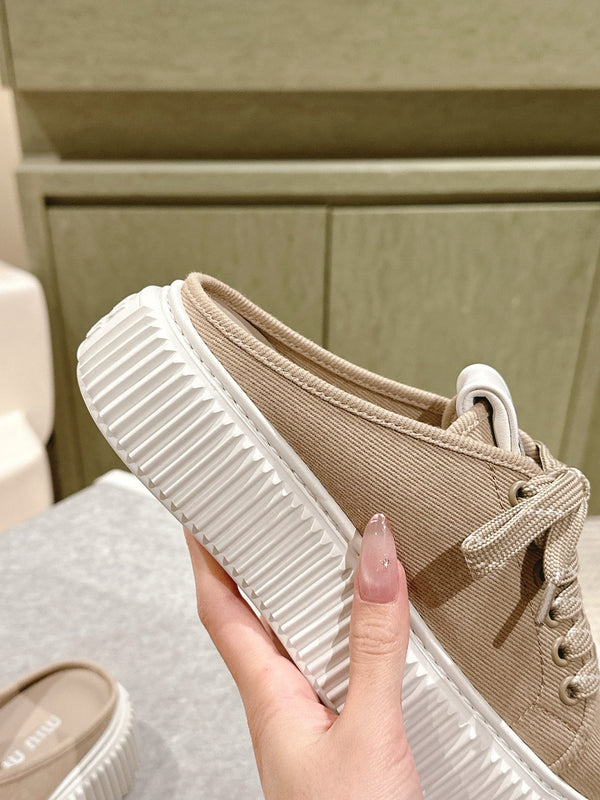 Miu Miu Biscuit Shoes Platform Mules Beige Denim Canvas 532873