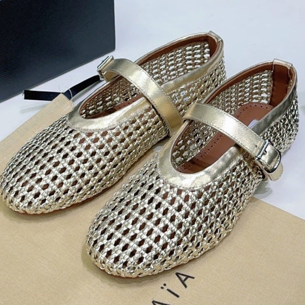 Alaia 25 Marry Janes Ballet Flats Gold Wool Sheepskin 300456