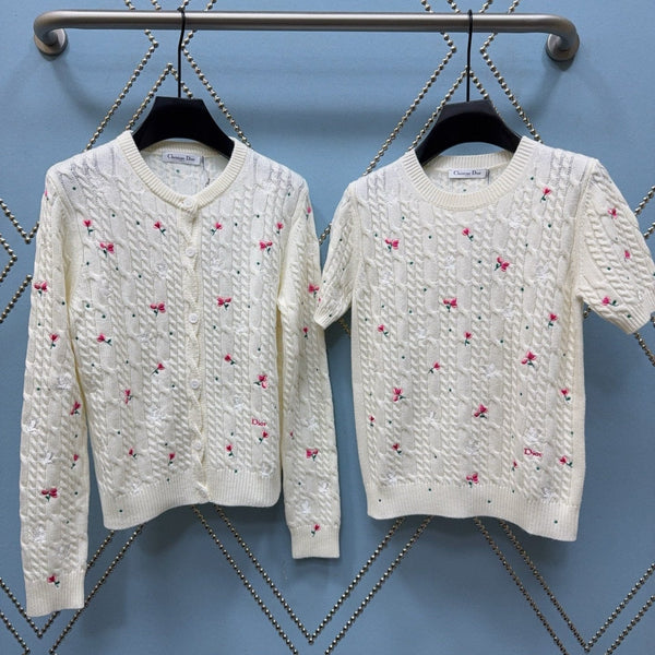 CD SS26 Set Dioramour Embroidered Cardigan Short-Sleeved Sweater Ecru Cashmere 351370