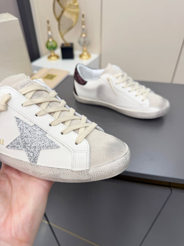 Golden Goose 26s Superstar Sneakers White Sliver Burgundy Glitter Leather 735893