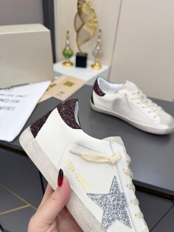 Golden Goose 26s Superstar Sneakers White Sliver Burgundy Glitter Leather 735893