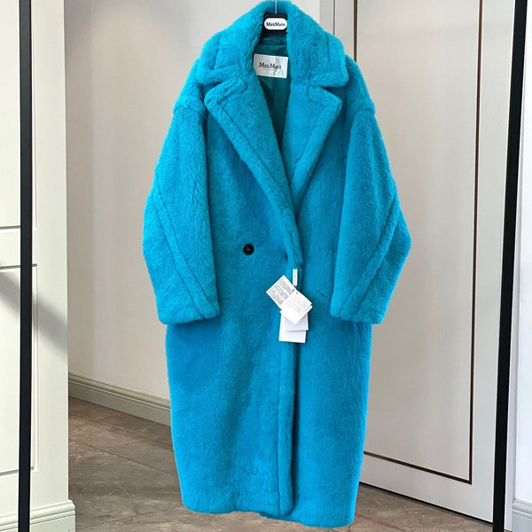 Max Mara 26s Teddy Bear Long Coat Turquoise Alpaca Wool Silk 429235