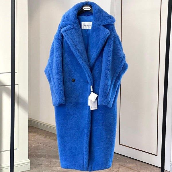 Max Mara Teddy Bear Icon Long Coat Royal Blue Alpaca Wool Silk 429235