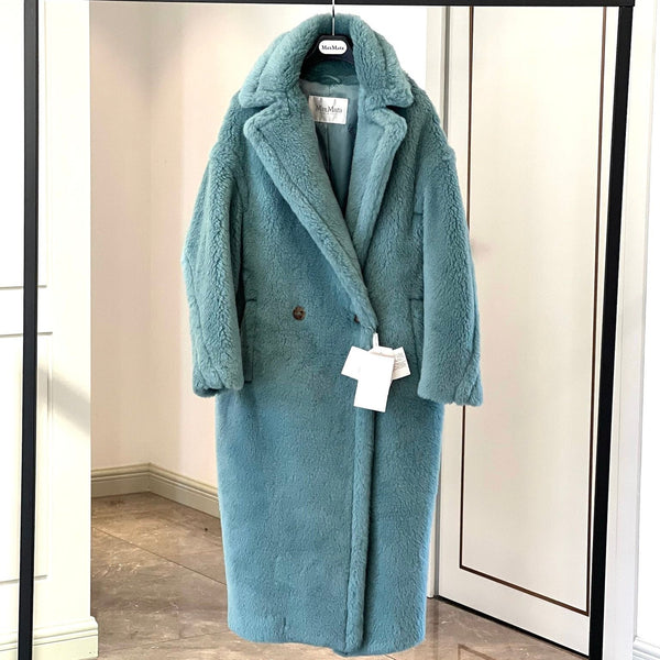 Max Mara Teddy Bear Icon Long Coat Sage Green Alpaca Wool Silk 429223