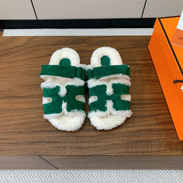 HM Chypre Sandal In Dark Green Mix White Fleece And Suede 984195