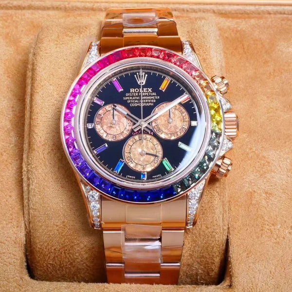 Rolex Daytona 40mm Rose Gold Rainbow Case Black Dial