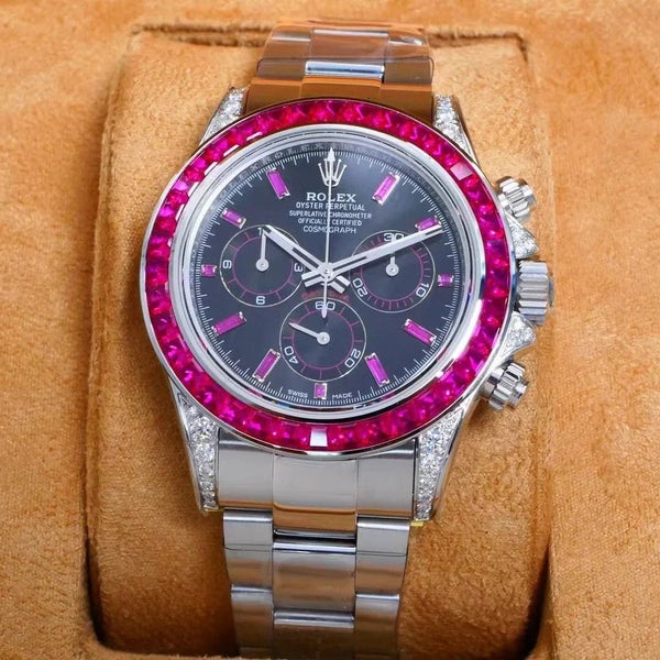 Rolex Daytona 40mm Stainless Steel Red Diamond Case Black Dial